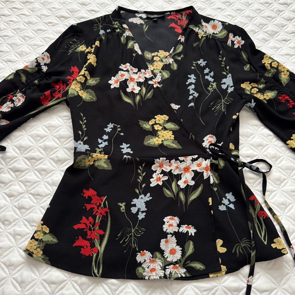 Topshop Black V-Neck Floral Wrap Tie Ruched Elbow Length Sleeve Blouse Sz 6 Tall - Picture 12 of 16